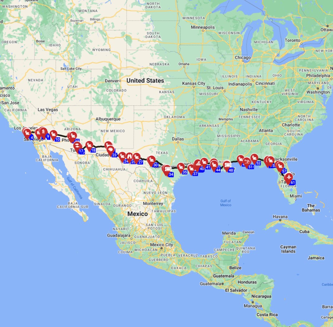 Map for Los Angeles to Orlando - Coast to coast